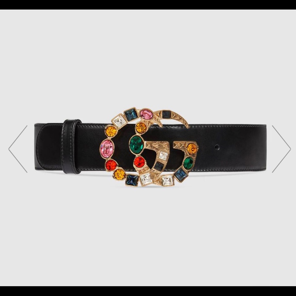 New Gucci Black leather belt w colored crystals 85